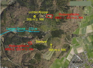 Abb. 2  Situation im Luftbild. Die Schutzhütte am Lichten Küppel und der Gipfel des Stempel sind durch gelbe Symbole exakt markiert