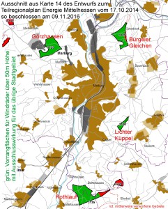 Ausschnitt aus Karte 14 des Entwurfs zum Teilregionalplan Energie Mittelhessen vom 17.10.2014, so beschlossen am 9.11.2016